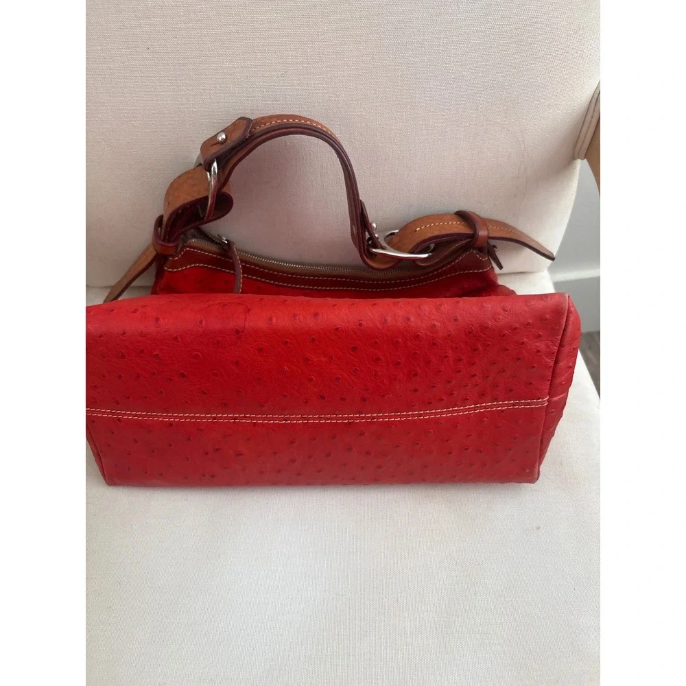 Vintage Dooney & Bourke Red Ostrich Embossed Leather Hobo Shoulder Bag Silver